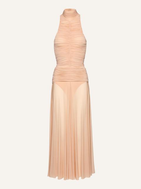 Ruched high neck midi dress in beige