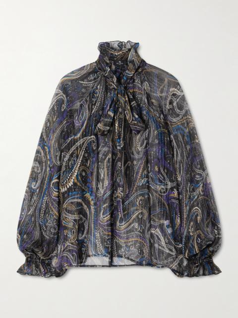 Pussy-bow Printed Metallic Silk-crepon Blouse