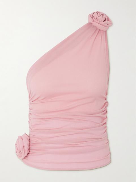 One-shoulder Appliquéd Ruched Stretch-silk Top