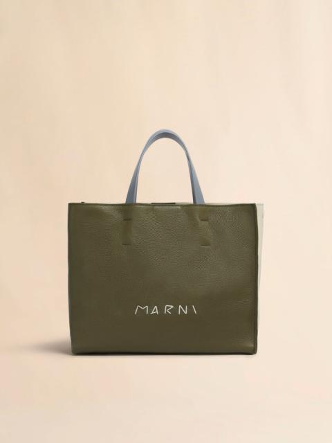 DEEP GREEN CREAM AND BLUE LEATHER MUSEO SOFT TOTE BAG WITH MARNI MENDING