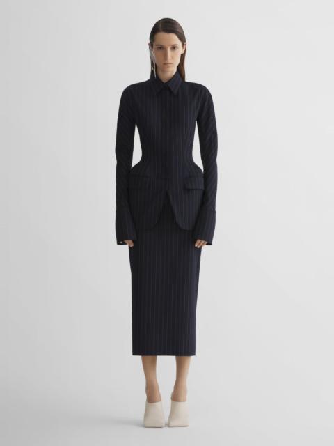 navy pinstripe stretch tube skirt