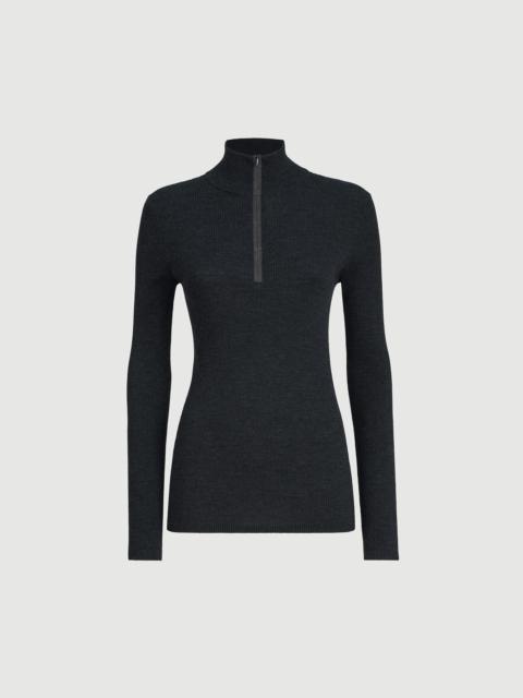 Virgin wool and cashmere rib lightweight turtleneck sweater with precious half zip