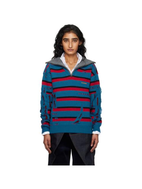 Blue & Red Stripe Jacquard Half Zip-Up Sweater