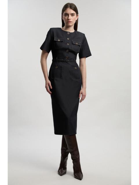 Tailored Denim Belted Midi Dress