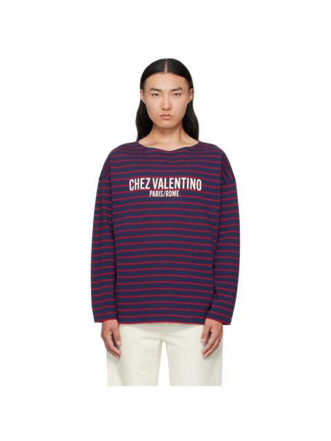 Red & Navy 'Chez Valentino' Print Long-Sleeved Cotton T-shirt