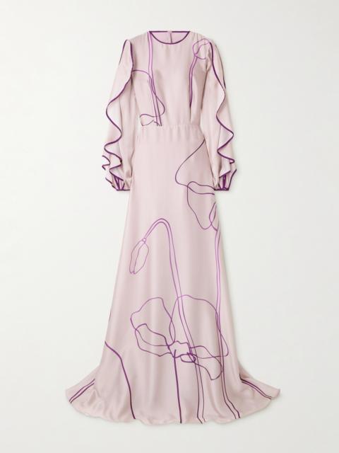 Priela Ruffled Cutout Floral-print Satin Gown