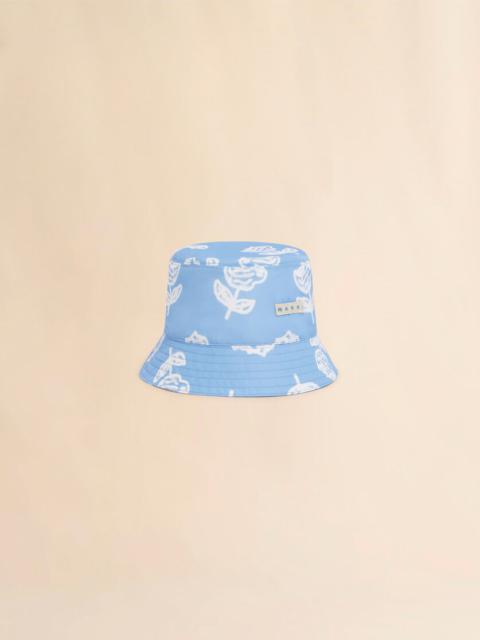 LIGHT BLUE TAFFETA BUCKET HAT WITH SPRAYED ROSES PRINT