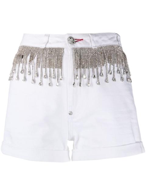 crystal fringe-embellished denim shorts