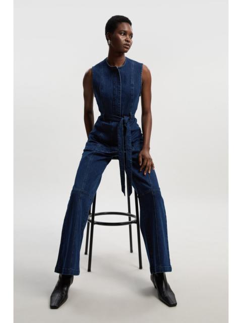 Denim Button Front Straight Leg Trousers