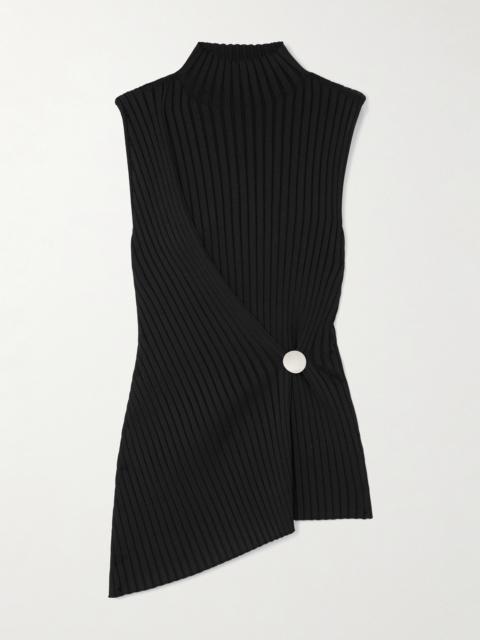 Asymmetric Embellished Ribbed-knit Wrap Tank