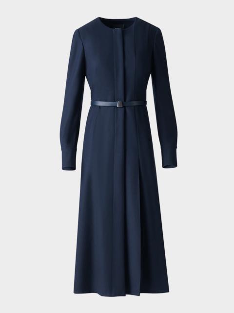 Pleated Wool Stretch Flannel Midi Dress With Belt