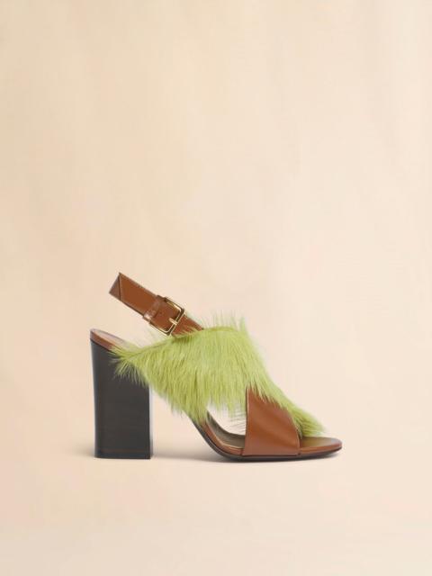 BROWN AND GREEN LEATHER AND LONG-HAIR CRISS-CROSS SANDAL