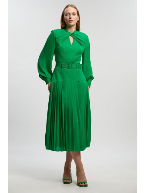 Ponte And Georgette Mix Balloon Sleeve Cut Out Detail Pleated Maxi Dress