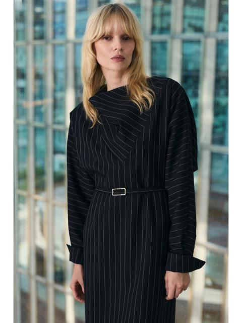 Pinstripe Cowl Neck Tailored Pencil Midi Dress