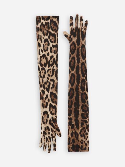 Long leopard-print stretch satin gloves