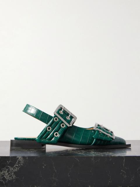 Embellished glossed recycled point-toe slingback flats Green