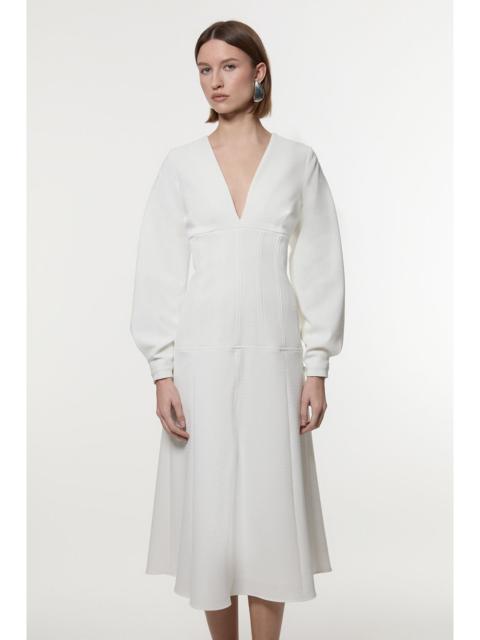 Textured Tailored Dropped Waist Sleeved Midaxi Dress