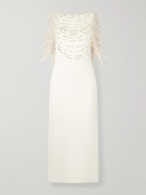 Meri Cape-effect Open-back Embellished Knitted Midi Dress