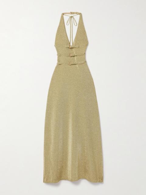 Evaleigh Buckled Metallic Knitted Halterneck Midi Dress