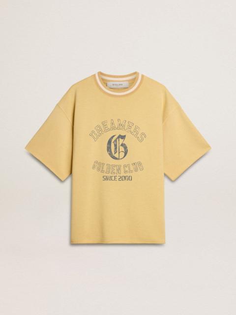 Men's oversized yellow cotton T-shirt with blue print