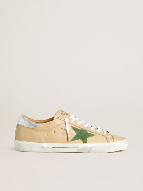 Super-Star LTD in beige leather with green suede star and silver foiled leather heel tab
