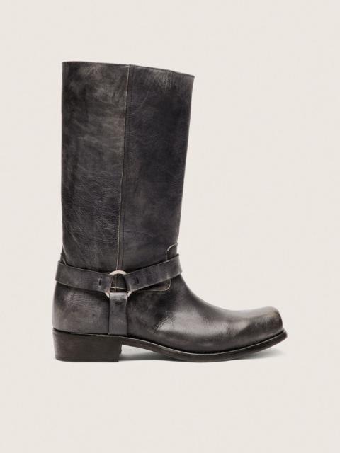 Men's high Biker boots in black leather with strap and silver-colored buckle