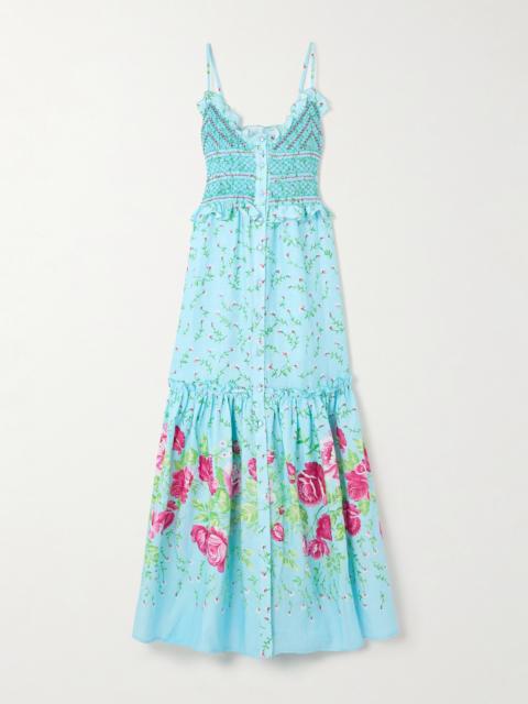 Bianca Embroidered Smocked Ruffled Floral-print Linen Maxi Dress