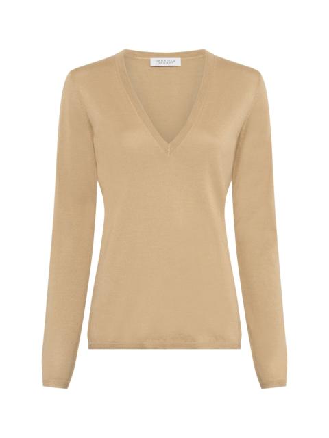 Clementia Knit V-Neck Sweater in Hay Cashmere Silk