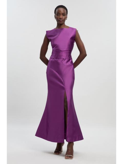 Satin Twill Draped Waist Structured Tailored Maxi Dress