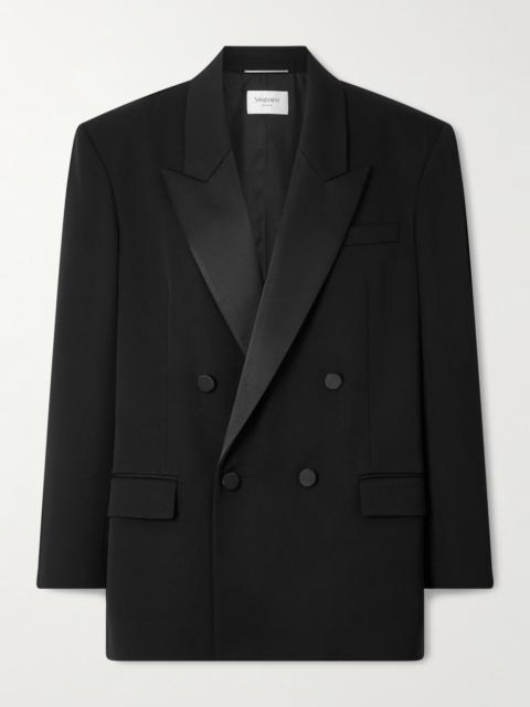 Double-breasted Satin-trimmed Grain De Poudre Wool Blazer