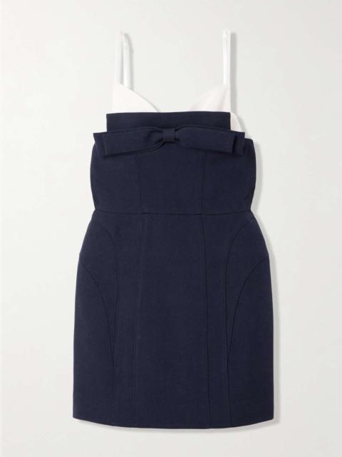 Bow-embellished paneled wool and silk-blend twill mini dress Navy