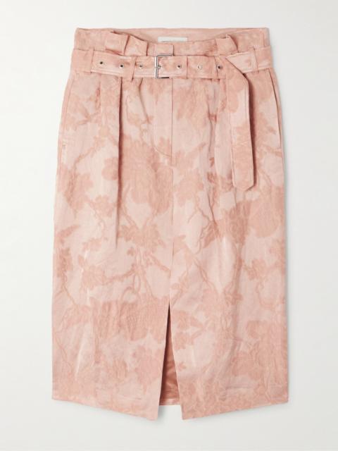 Belted Pleated Linen-blend Jacquard Skirt
