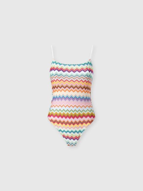 One-piece swimsuit in lamé viscose with pixel-effect zigzag pattern