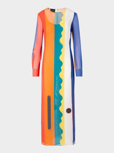 Paravent-Print Silk Long-Sleeve Slits Maxi Dress