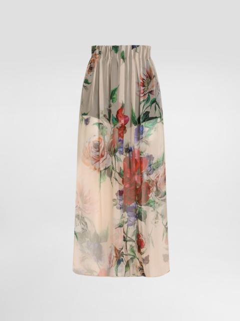 Floral-print chiffon calf-length skirt