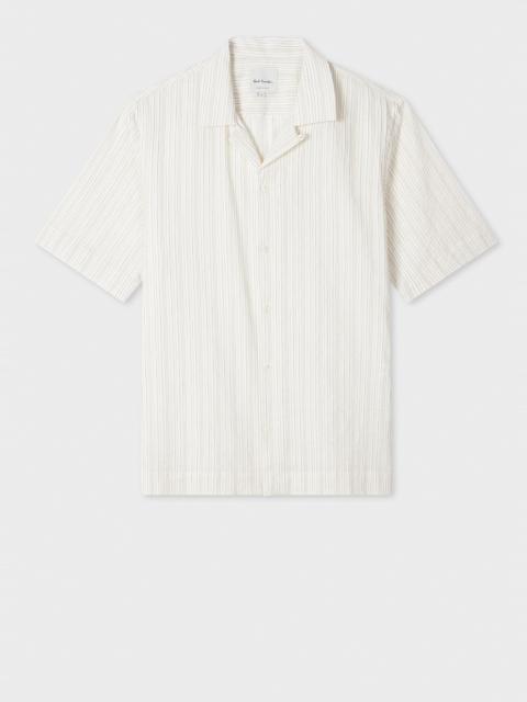 Ecru Cotton-Linen Textured Stripe Short-Sleeve Shirt