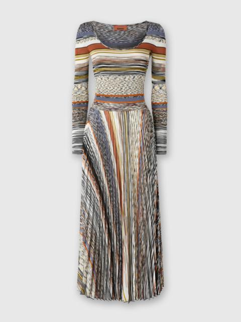 Long Dress with Pleated Skirt in Stripes