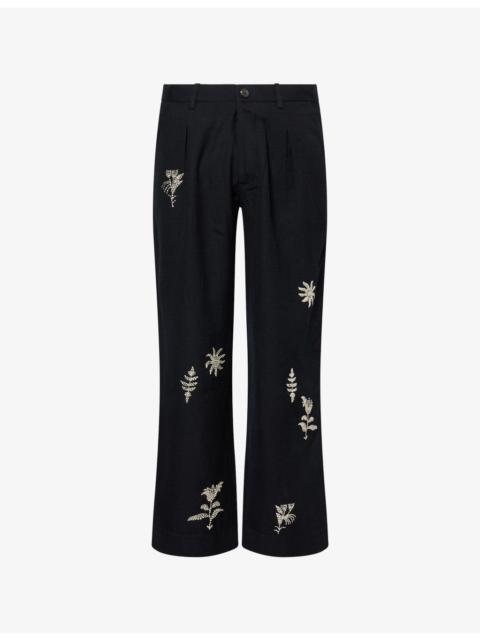 Floral Motif Embroidered Wool Trousers