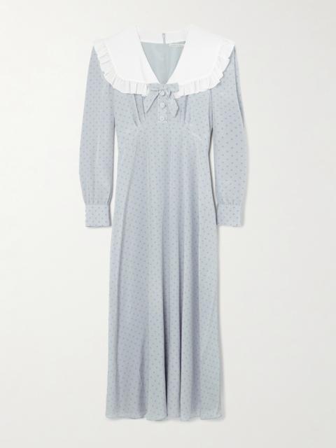 Bow-embellished Ruffled Polka-dot Silk Crepe De Chine Midi Dress