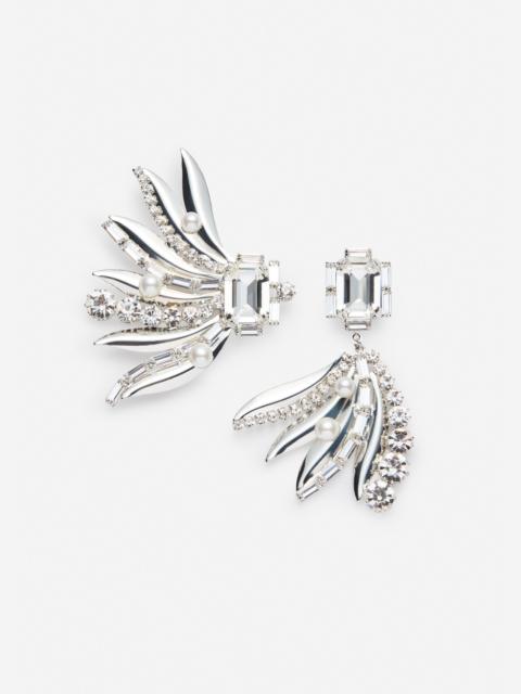 Asymmetric crystal and pearl leaf earrings in silver