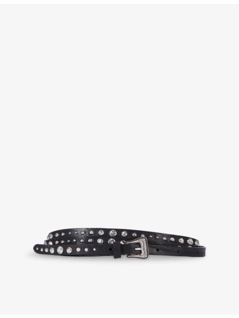 Studded thin double-wrap leather belt