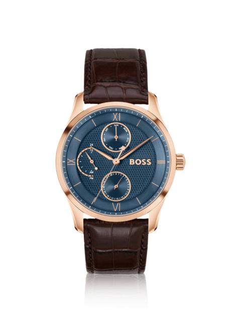 PRINCIPLE LEATHER-STRAP WATCH WITH TEXTURED BLUE DIAL