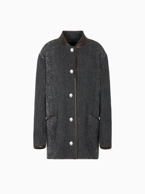 CHEVRON BOUCLÉ WOOL AND LEATHER PEA COAT