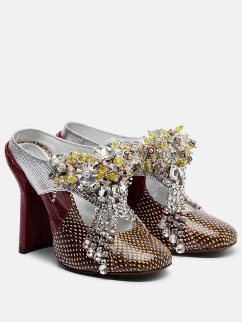 Embellished patchwork leather mules