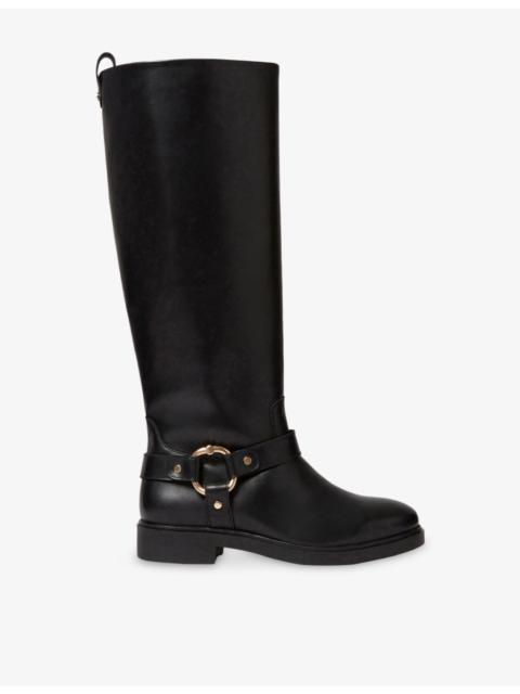 Buckle-Hardware Leather Knee-High Boots
