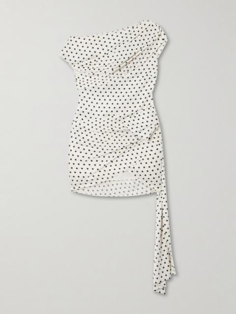 Tie-side Asymmetric Polka-dot Satin-crepe Mini Dress