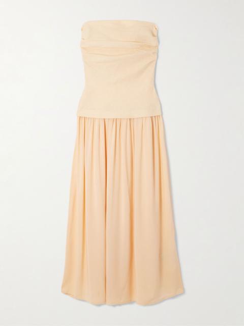 Hedy strapless gathered linen and voile maxi dress Pastel yellow