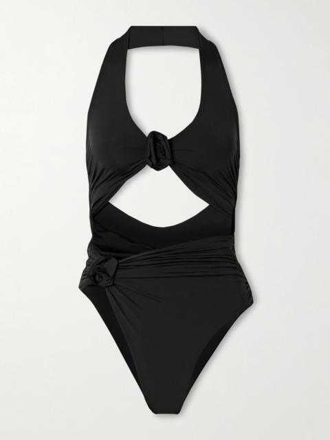 Cipria cutout appliquéd ruched swimsuit Black