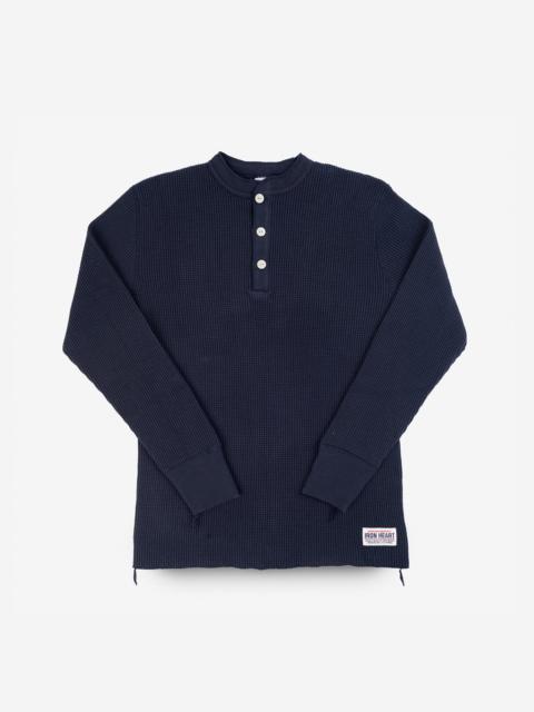 WAFFLE KNIT LONG SLEEVED THERMAL HENLEY - NAVY