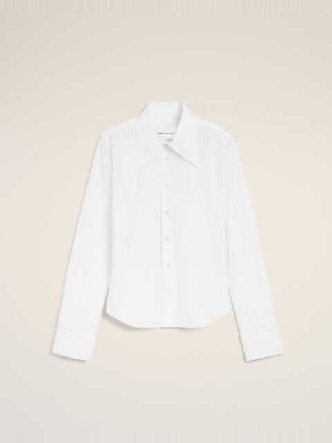 WHITE BLENDED SILK SHARP COLLAR ADJUSTED SHIRT
